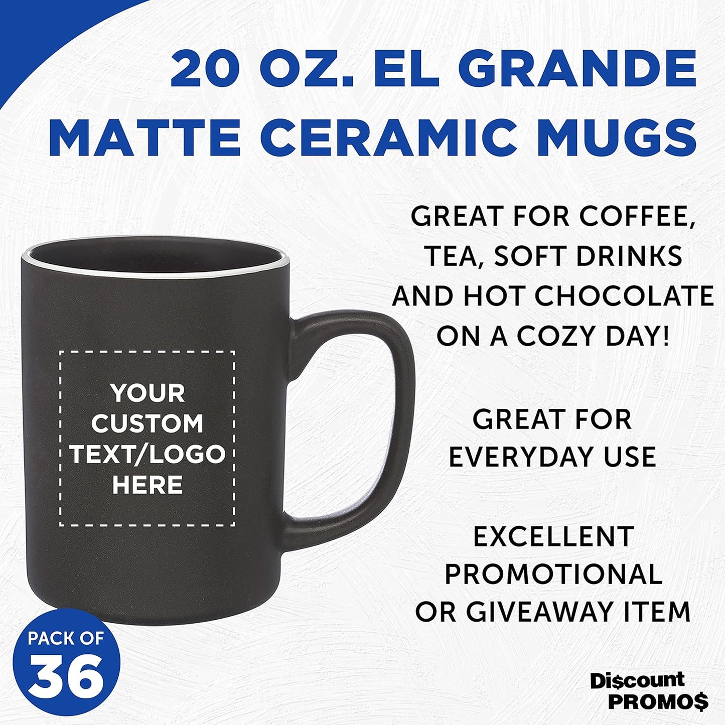 Custom El Grande Matte Ceramic Mugs 20 oz. Set of 36, Personalized Bulk Pack - Perfect for Tea, Espresso, Cappuccino, Hot Cocoa - Charcoal