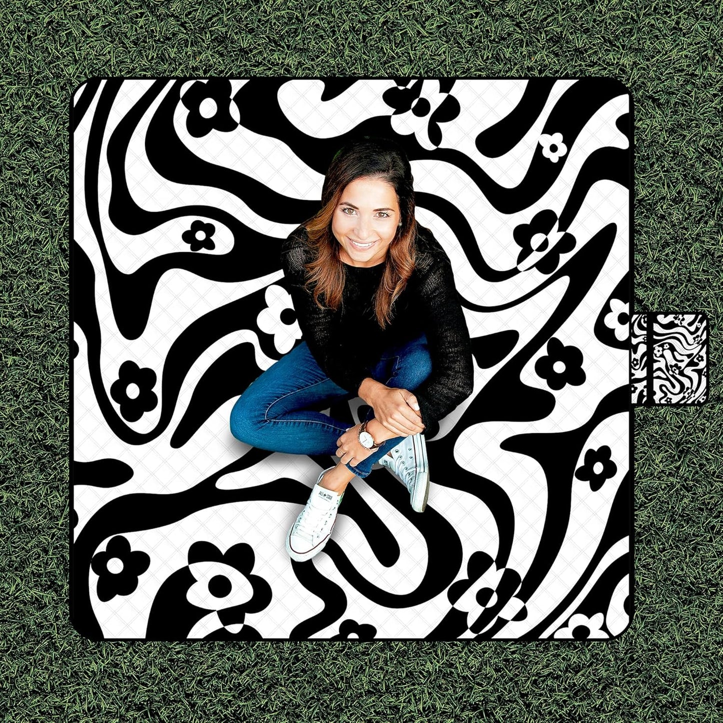 Picnic Blankets Waterproof Foldable, Extra Large 79"x79" Beach Blanket Waterproof Sandproof, 3-Layer Polyester Portable Outdoor Picnic Mat Essentials for Park, Camping Travel, Grass Lawn-Spiral Design