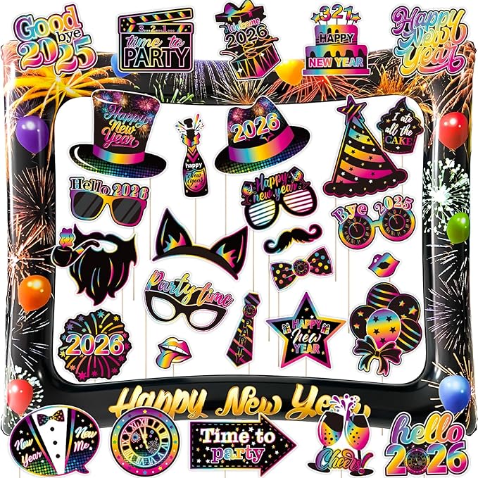 2026 New Year Photo Booth Inflatable Frame Kit, 30Pcs Fluorescent Color New Years Photo Booth Props with Inflatable Picture Frame for New Year Eve Party Selfie Props Supplies