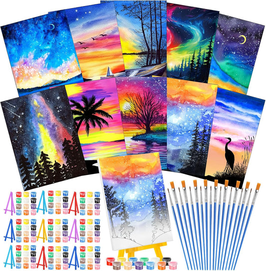 Blosssound 10 Set Pre Printed Canvas Pre Drawn Canvas Painting with Easel Kits 5" x 7" Outline Painting Panels for Beginners, DIY Craft Project, Party Favor, Home Decors(Dream Sky)