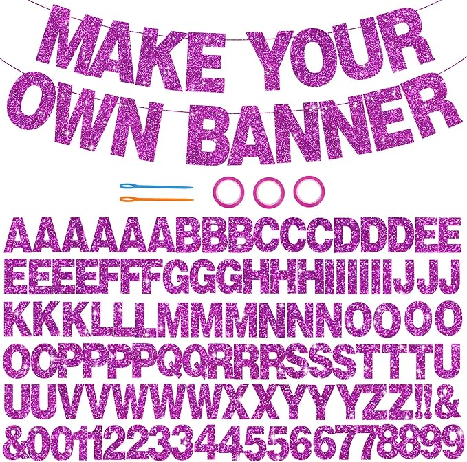 BEISHIDA 116 PCS A-Z Glitter Purple DIY Letter Banner Kit Make Your Own Banner，Including 111 Letters and Numbers 3 Rope and 2 Threading Device,Customized for Birthday Graduation Wedding Party Decor