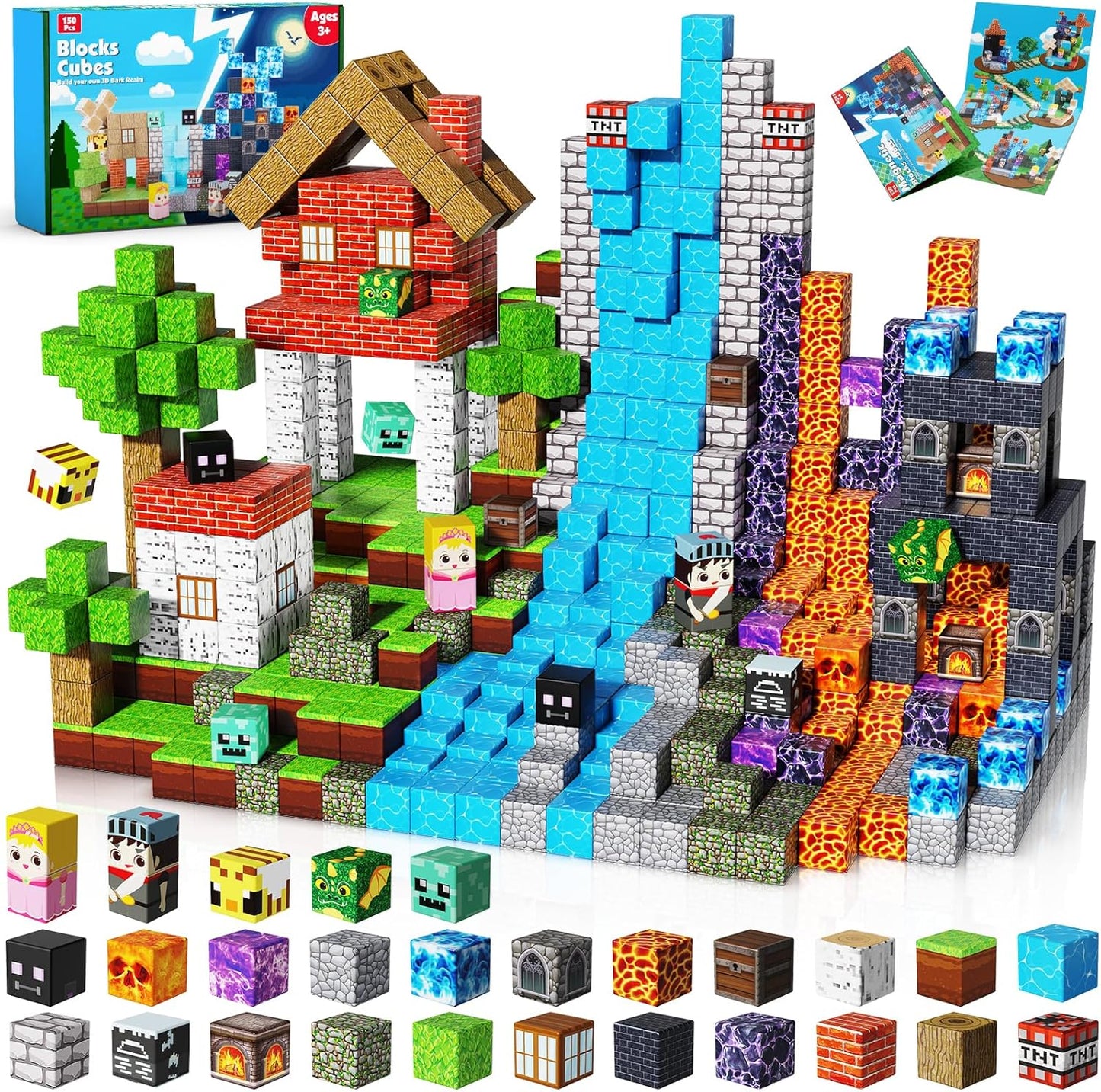 Magnetic Building Blocks - 150PCS Magnet Block Cubes Dark Hell Forest Castle, STEM Toy Building Sets for Kids Age 3+, Montessori Stacking Construction Toys Easter Gift for Boys Girls Age 4-8, 8-12