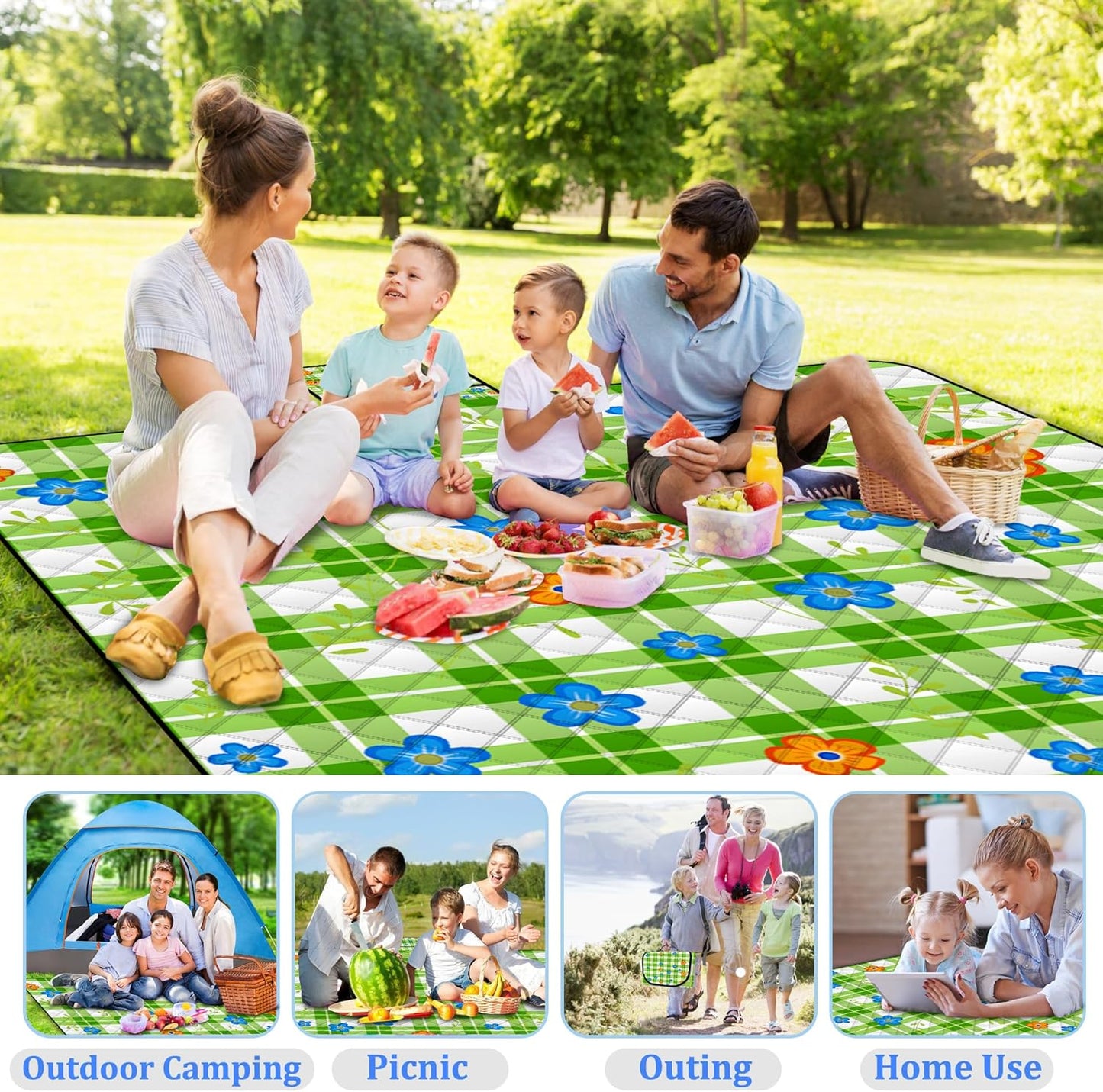 Extra Large Picnic Blanket Waterproof,80"x 80"Foldable Machine Washable Beach Blanket,Outdoor Blanket for 6-8 Adults,Suitable for Indoor Crawling,Park Beach,Camping,Hiking,Family Travel(Green)
