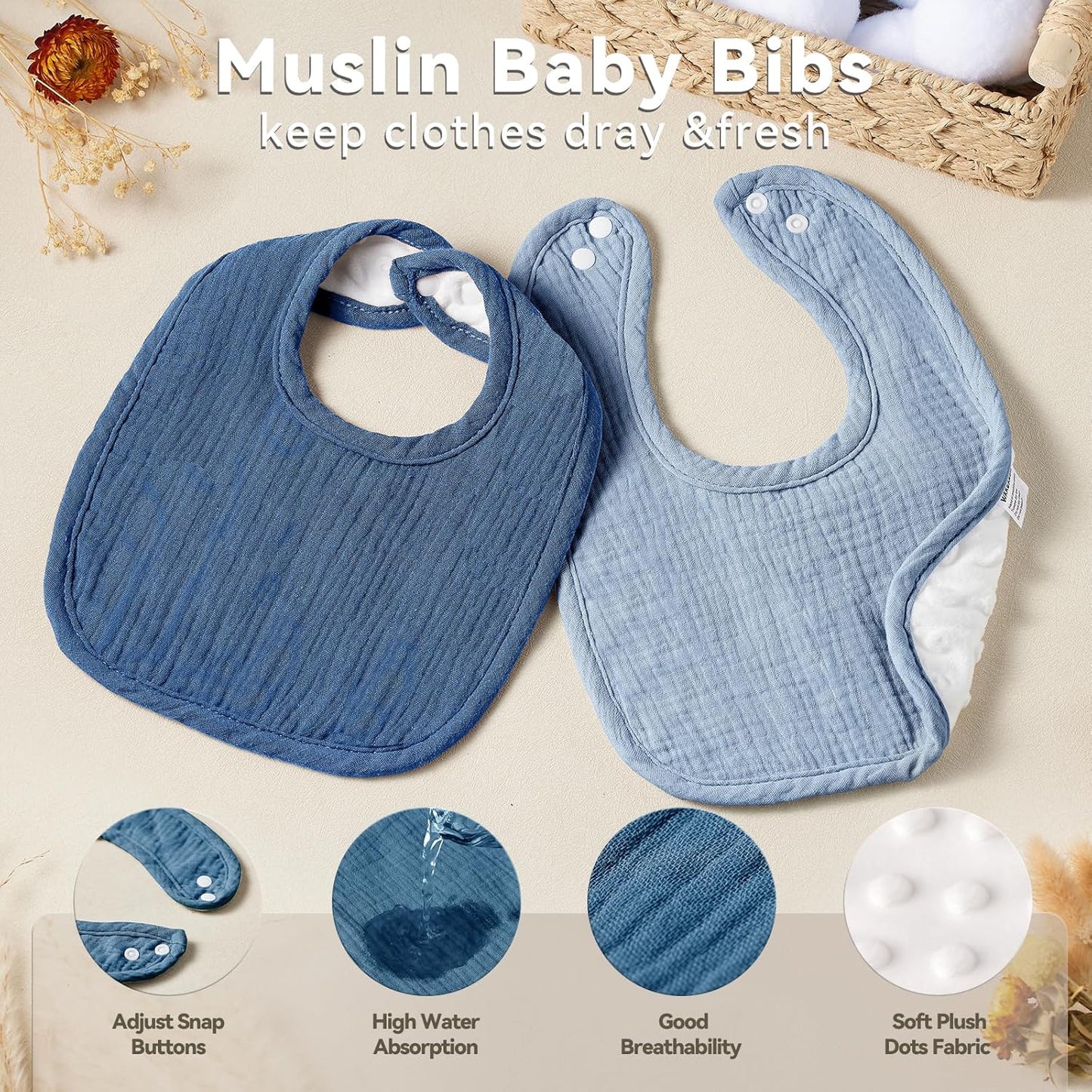 Muslin Baby Bibs for Unisex Boys Girls, Cotton Drool Bibs, Adjustable Newborn Bibs for Drooling and Teething