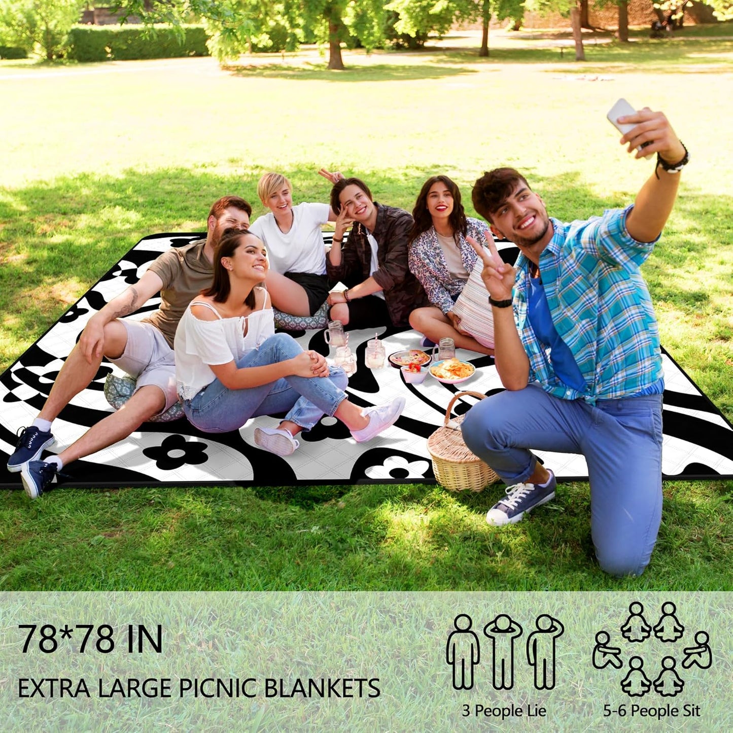 Picnic Blankets Waterproof Foldable, Extra Large 79"x79" Beach Blanket Waterproof Sandproof, 3-Layer Polyester Portable Outdoor Picnic Mat Essentials for Park, Camping Travel, Grass Lawn-Spiral Design