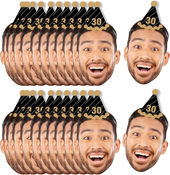 Big Dot of Happiness Custom Photo Adult Happy Birthday - Black & Gold Personalized Birthday Party DIY Paper Shaped Fun Face Cut-Outs - 24 Count