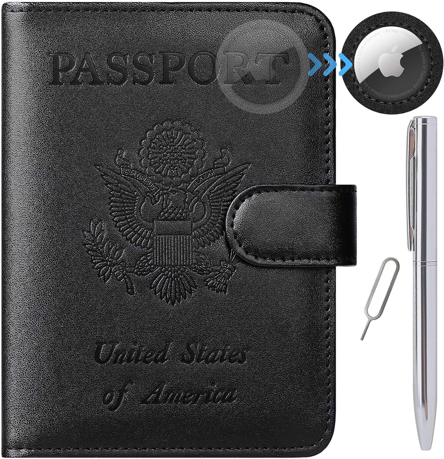 Airtag Passport Holder Cover Wallet RFID Blocking Leather Case Travel Essentials Luggage Accessories Travel Must Have(118#Black)