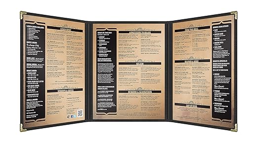 Goodsmart Restaurant Menu Covers – 25 Pack Black 6-View Trifold 8.5" x 11", Side-Loading Vinyl & Plastic Menu Holders, Clear Menu Sleeves, Leather-Style Café Covers with Gold Corners