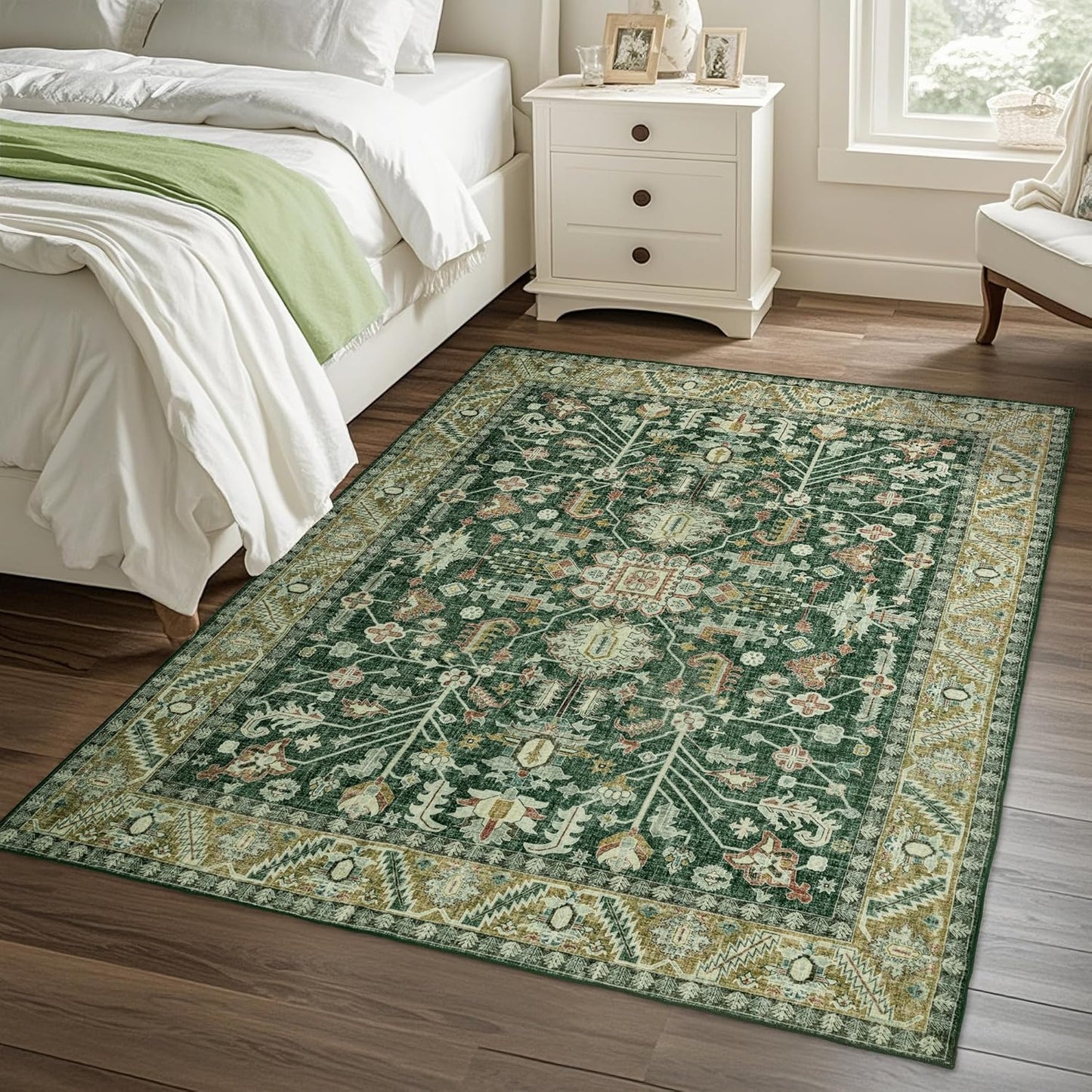 4x6 Area Rug Washable: Oriental Soft Area Rug for Living Room Bedroom No Shedding - Low Pile Thin Carpet Rug for Dining Room Non Slip - Boho Vintage Rug for Home Decor - Retro Forest Green