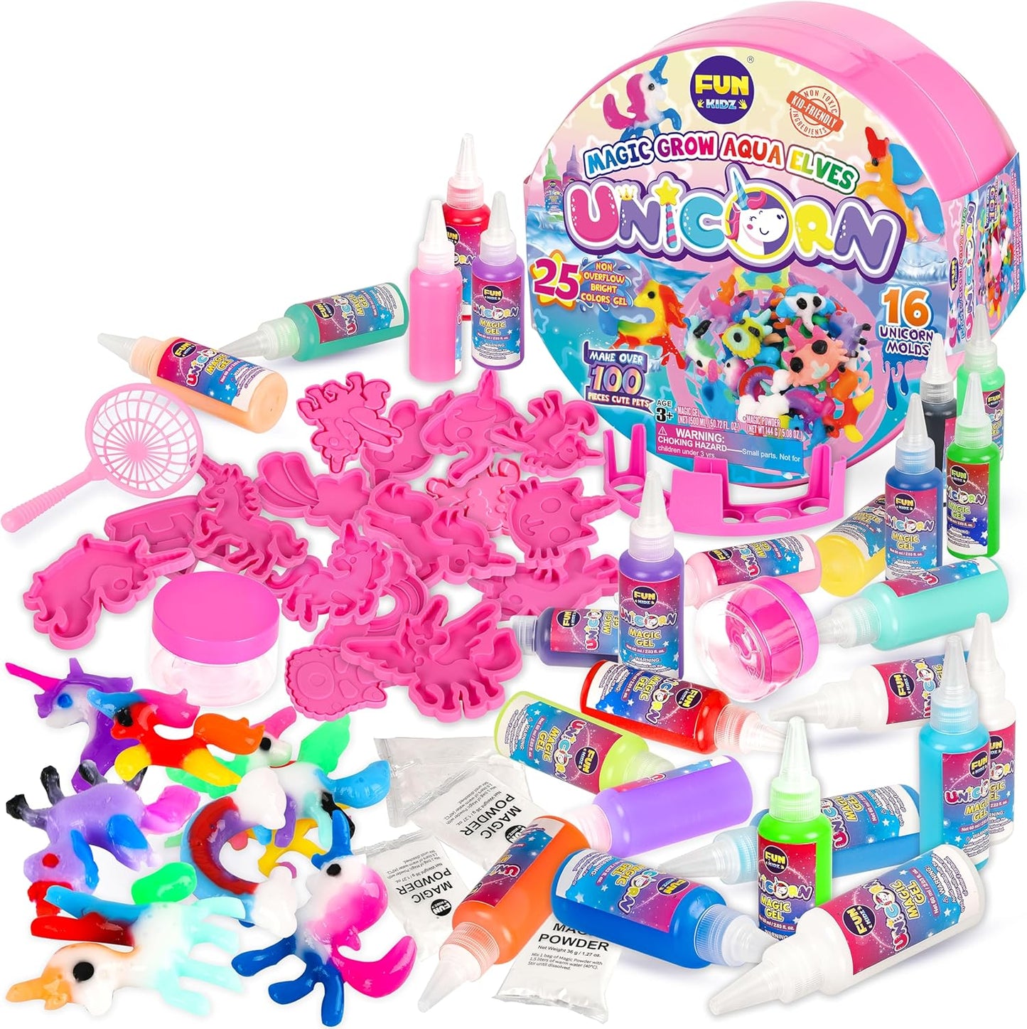 Unicorn Magic Grow Aqua Elves Kit, FunKidz Magical Water Elf Toys for Kids with 25 Colors Gel 16 Unicorn Molds to Make Over 100 Water Pets Crafts for Girls Boys Ages 3+
