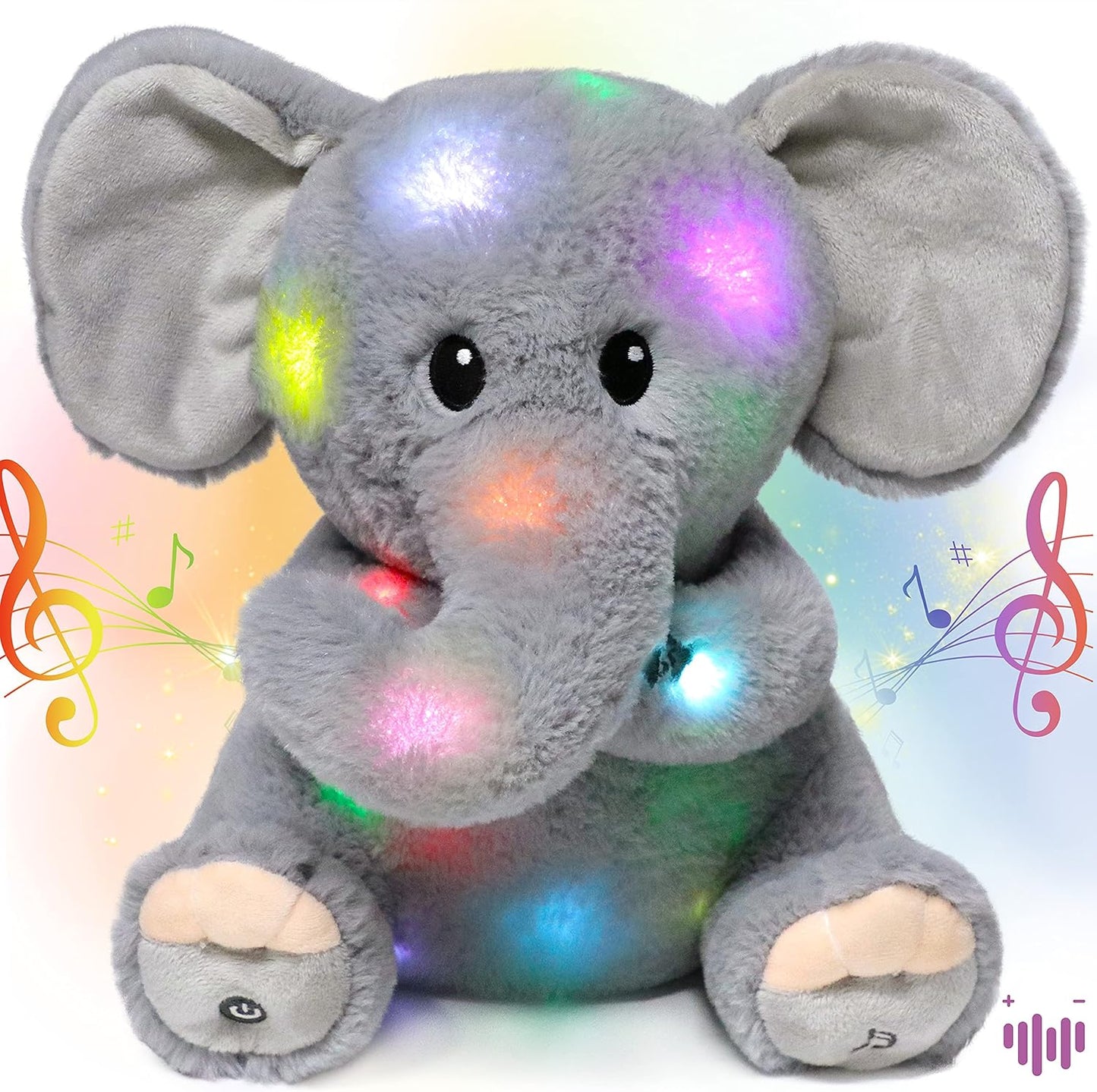 Hopearl LED Musical Stuffed Elephant Lighting Up Singing Plush Toy Adjustable Volume Lullaby Animated Soothe Birthday Festival for Kids Toddler Girls, Gray, 11''