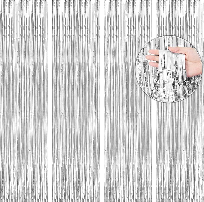 BTSD-home Silver Foil Fringe Curtain, Metallic Photo Booth Backdrop Tinsel Door Curtains for Wedding Birthday Bridal Shower Baby Shower Bachelorette Christmas Party Decorations(4 Pack, 8ft x 3ft)