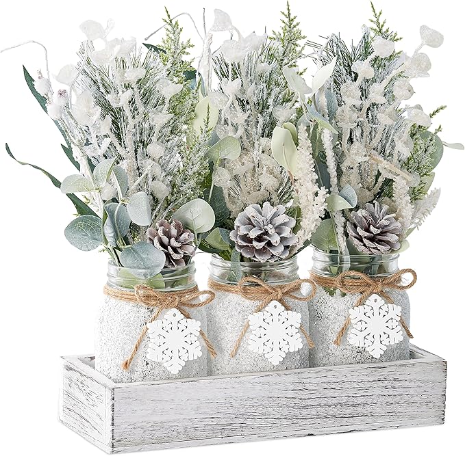 Winter Centerpieces for Tables, Table Decor with Mason Jar, Flowers Picks, Farmhouse Wood Tray, Snowflake Sign, Christmas Winter White Wonderland Table Decorations Centerpieces Indoor for Home