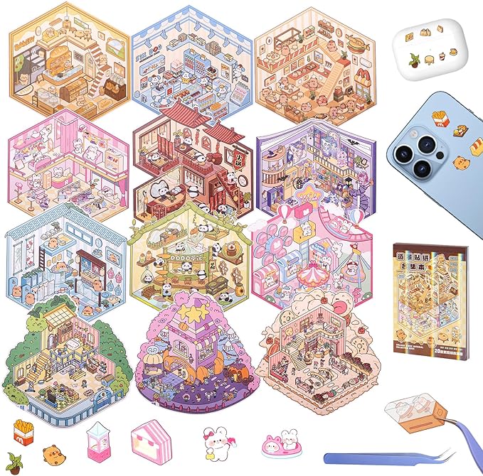 20 Sets 3D House Stickers with Metal Tweezers | DIY Miniature House Scenes Kit for Adults, Cute 3D Cartoon Scene Stickers | Therapy Craft, Relief Stress Pass The Time