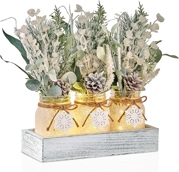 Winter Centerpieces for Tables, Table Decor with Mason Jar, Flowers Picks, Farmhouse Wood Tray, Snowflake Sign, Christmas Winter White Wonderland Table Decorations Centerpieces Indoor for Home
