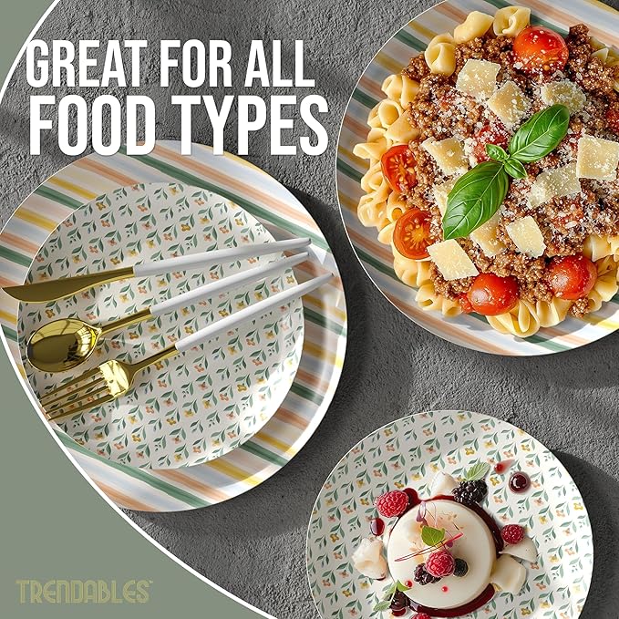 Trendables Heavy Duty Paper Plates Set For 32 Guests - 32 Each Of 8-inch And 10-inch Disposable Plates For Party - Fancy 64 Piece Dinnerware Set For All Occasions | Floral Design, Folk