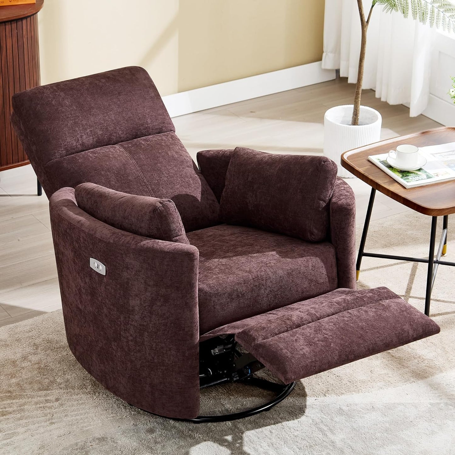 Power Swivel Glider Rocking Recliner,Electric Recliner Upholstered Nursery Chair Adult Rocking Chair with 2 Pillows for Living Room Bedroom(Coffee, Power-Driven)