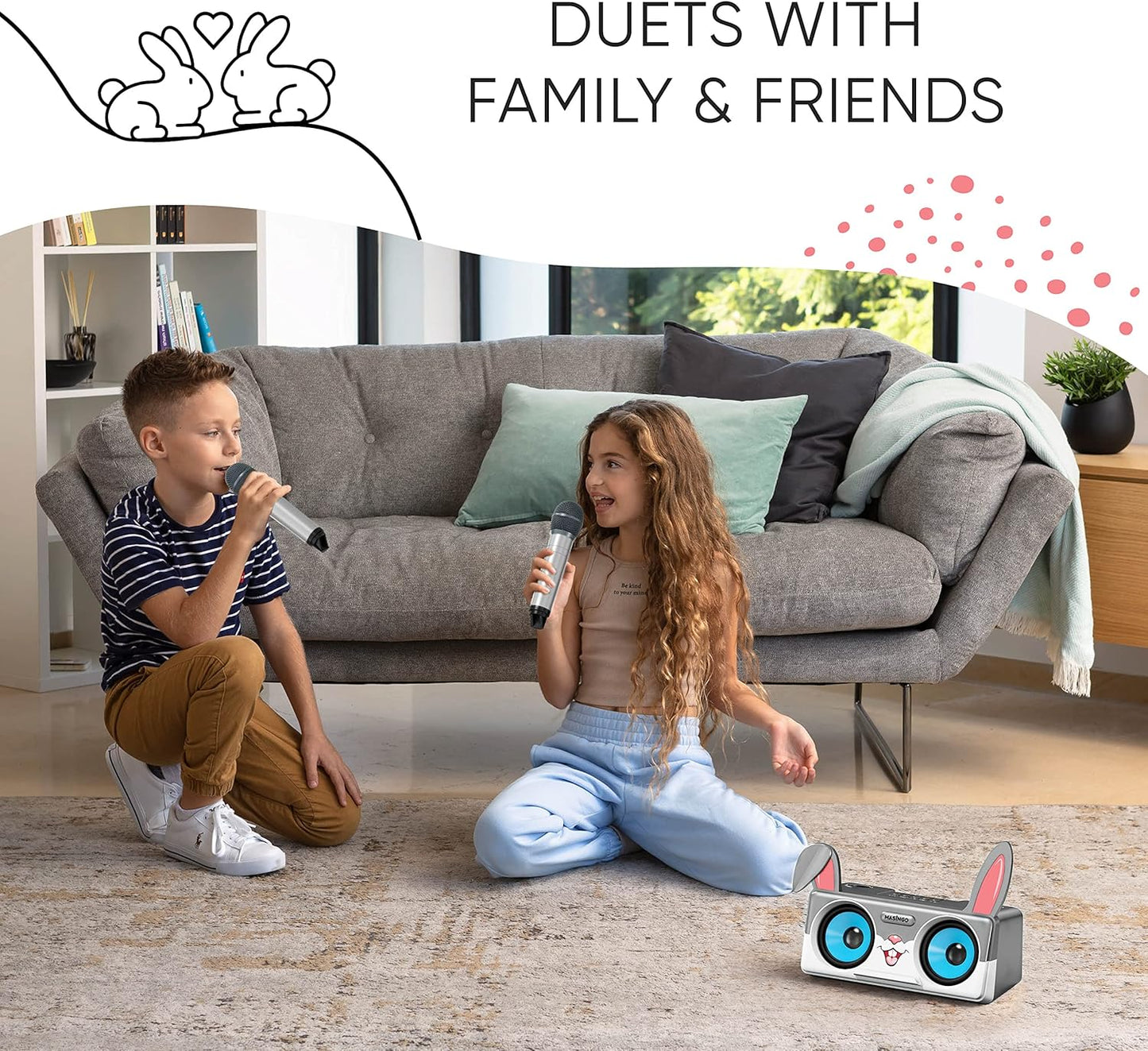 Rabbit Karaoke Machine for Kids, Children and Toddlers with 2 Wireless Bluetooth Microphones, Portable PA Speaker System Includes Lyrics Display Phone Holder, TV Cable and Singer Vocal Removal Mode