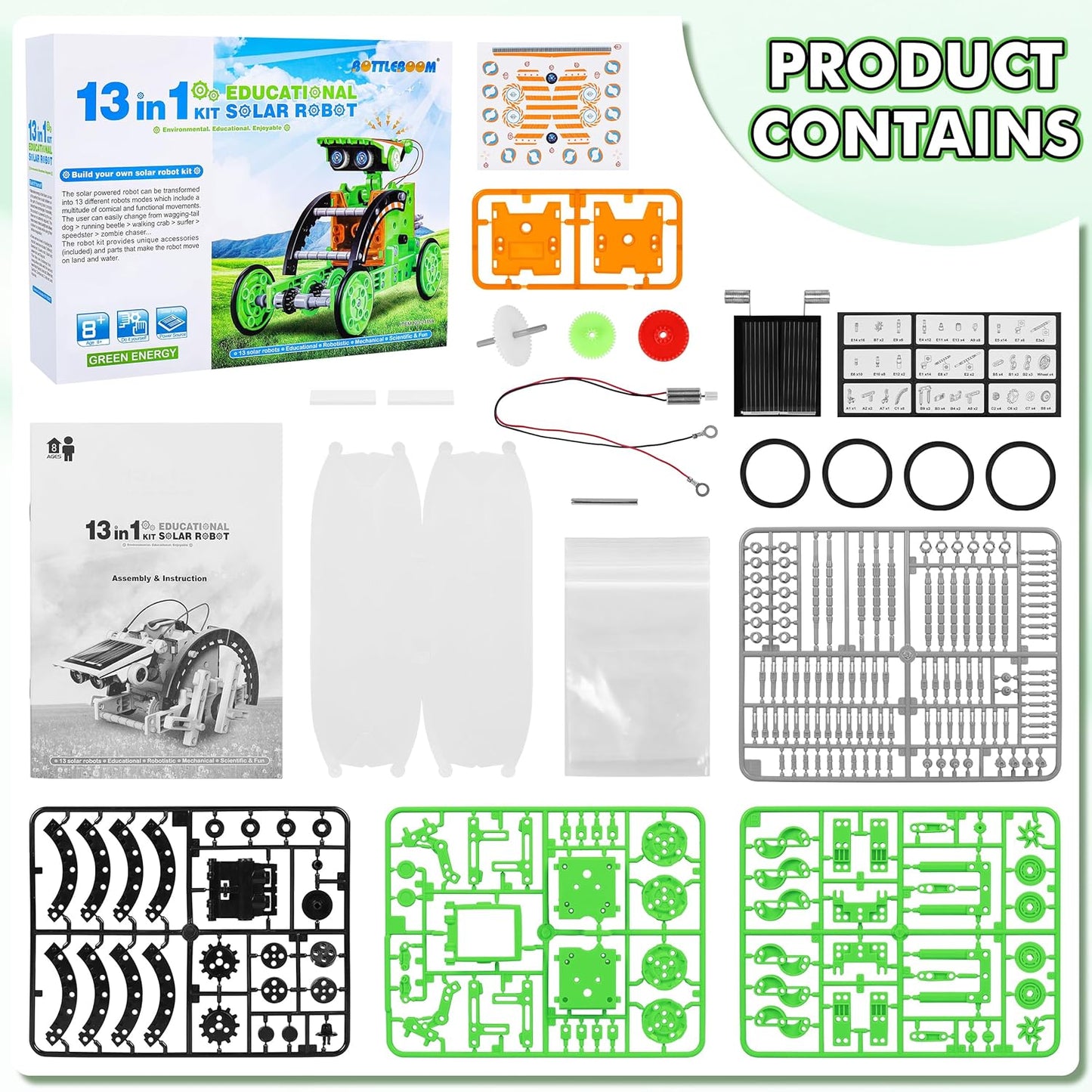 Bottleboom STEM 13-in-1 Education Solar Power Robots Toys for Boys Age 8-12, Educational Toy Science Kits for Kids Experiment Robotics Set Birthday Gifts for 8 9 10 11 12 Years Old-Green