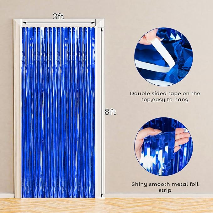 BTSD-home Blue Foil Fringe Curtain, Metallic Photo Booth Backdrop Tinsel Door Curtains for Wedding Birthday Bridal Shower Baby Shower Bachelorette Christmas Party Decorations(4 Pack, 8ft x 3ft)
