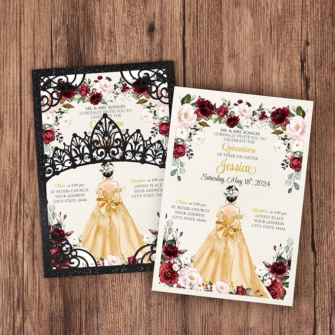 50Pcs Gold Crown Invitations for Quinceanera, 15 year, Sweet 16, Miss XV, Birthday Laser Cut Quince Invitation Cards Personalized Pearlized Black