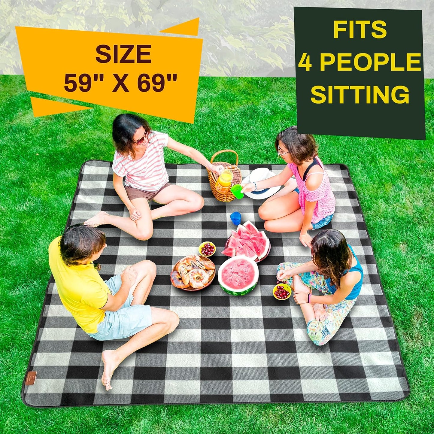 PortableAnd Picnic Blankets, 3 Layer Soft Fleece Blanket for Beach,Camping on Grass, Waterproof, Sandproof, Best Gift for Couple & Families, Black and Gray Checkered