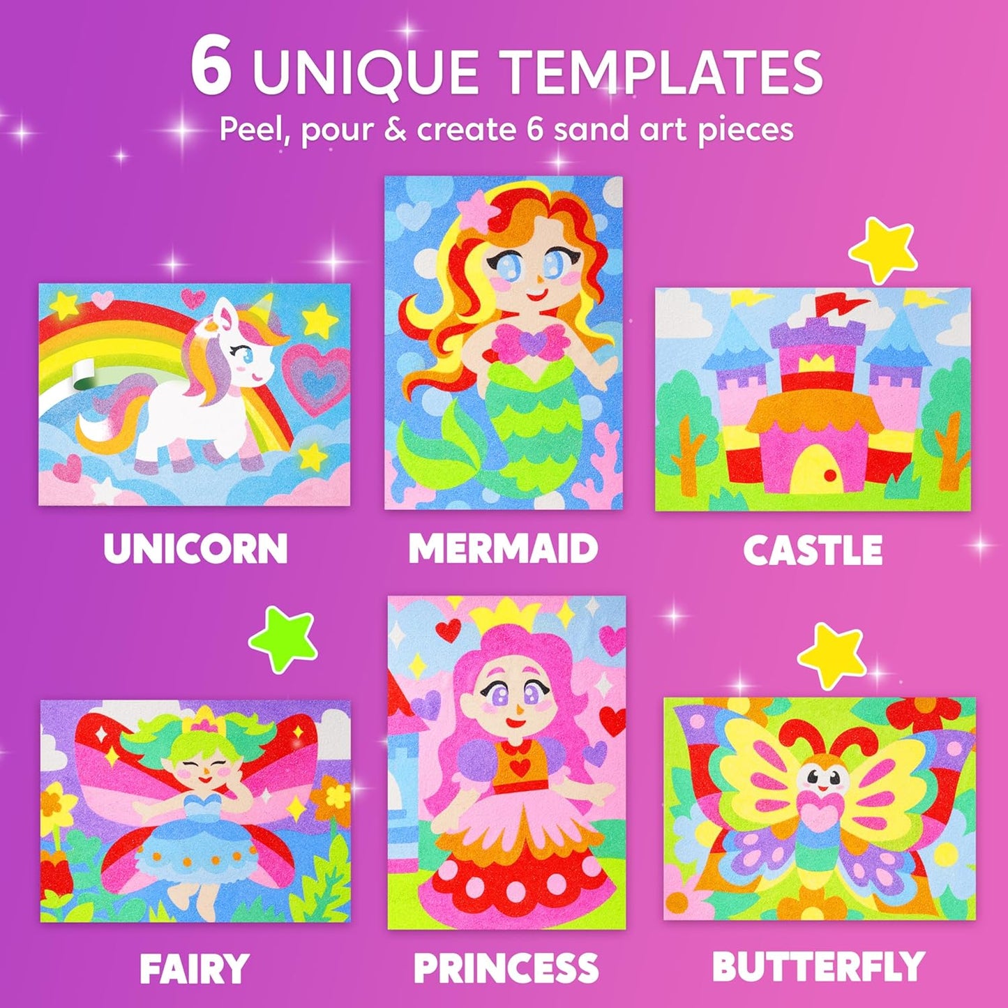 Klever Kits Glow Sand Art Kits for Kids, Glow in The Dark Sand Painting with 14 Colors, Kids Crafts, 6 Fantasy Templates & 4 DIY Sheets, Mess Free Arts and Crafts, Unicorn Gifts for Girls Ages 5+