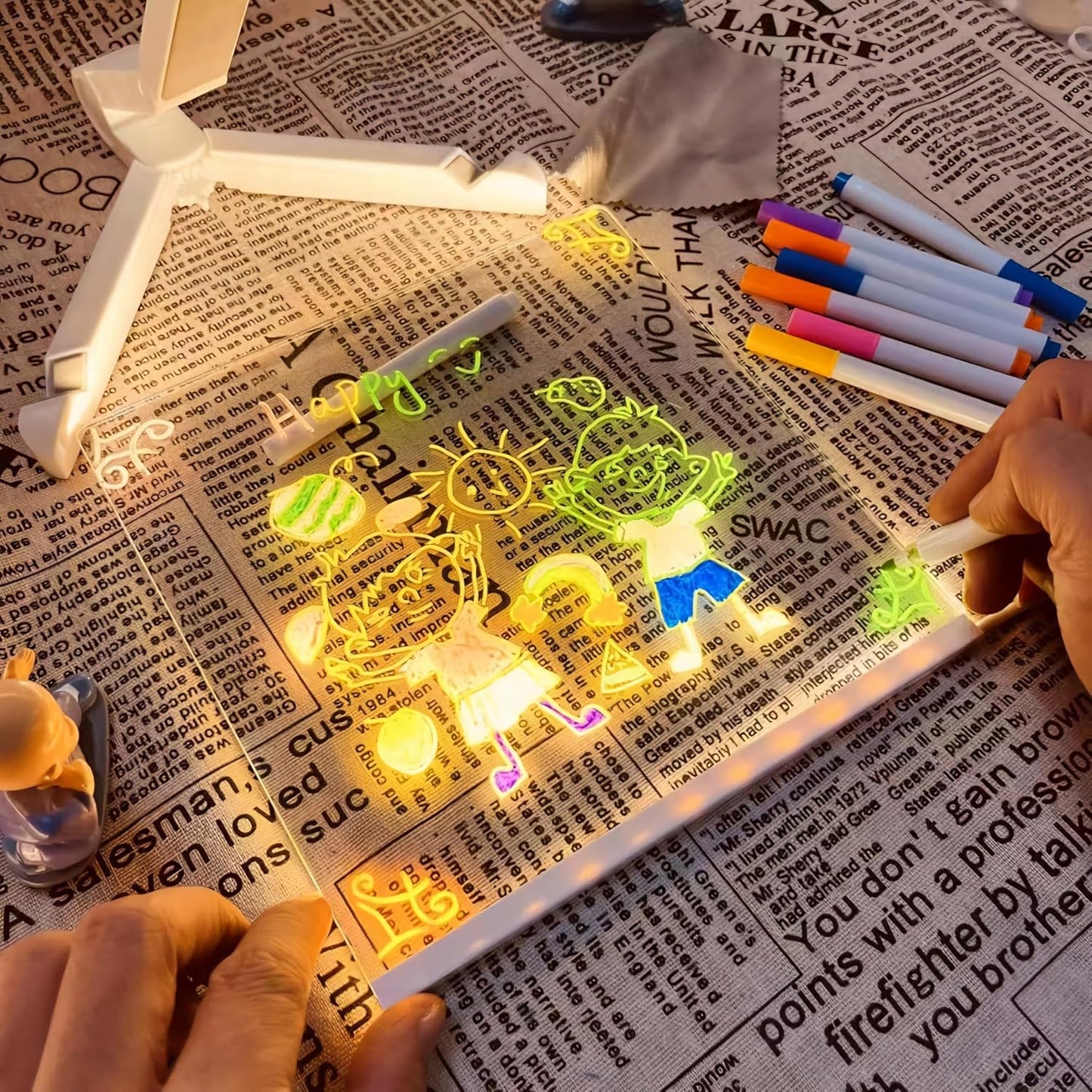 Medium Acrylic Dry Erase Board with Light Light up Drawing Board with Stand as a Glow Memo LED Letter Message Board Note Glass Led Board White Board with 7 Pen for Office School Home (Medium)