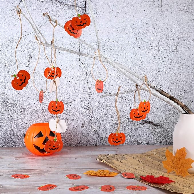 100 Pieces Halloween Pumpkin Gift Tags Paper Hanging Pumpkin Tags Pendants Christmas DIY Party Decorations with Pre Cut Holes, 1.8 x 1.4 Inches