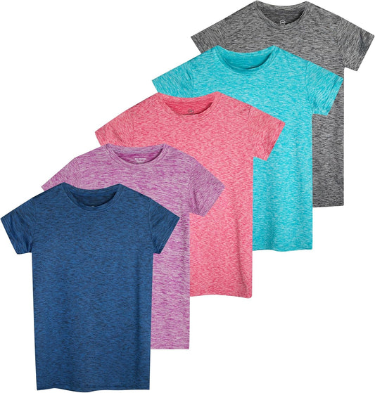 Real Essentials 5 Pack: Girls Short Sleeve Dry-Fit Crew Neck Active Athletic Performance T-Shirt
