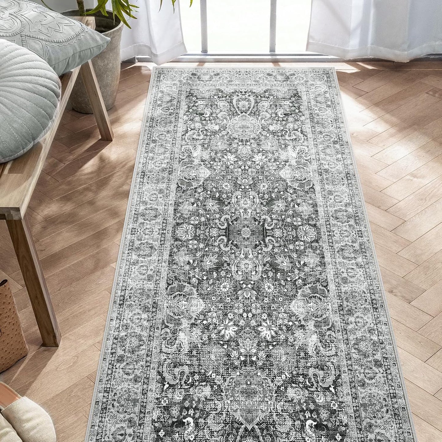 Grey Rug Runner 3x7 Ft Washable Hallway Runner Rug Runner Non-Slip Boho Vintage Runner Rugs with Rubber Backing Soft Distressed Carpet for Kitchen Bedroom