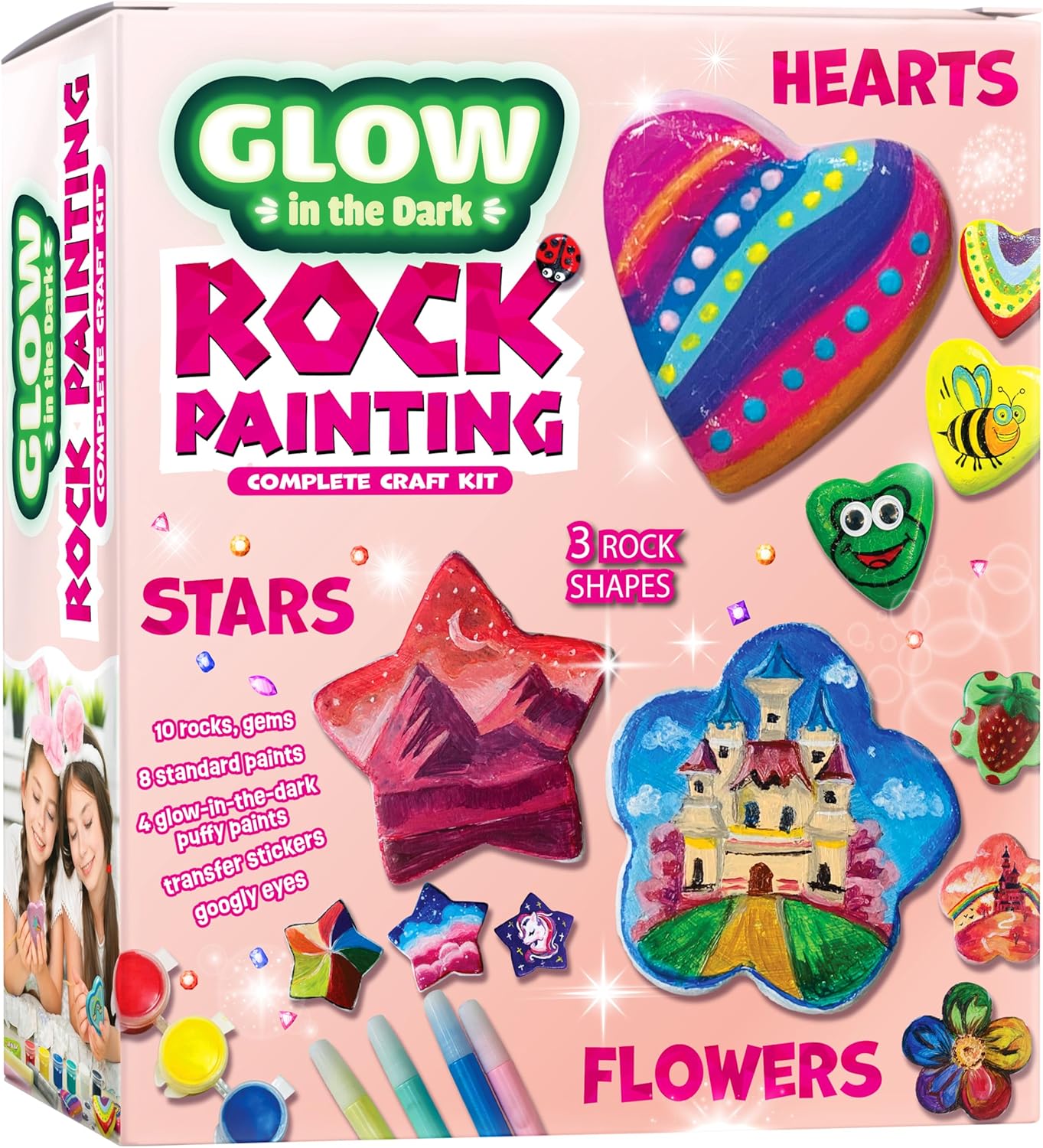 Heart, Flower & Star Shaped Rocks - Glow in The Dark Rock Painting Kit for Kids - Arts & Crafts Toys for Kids Ages 6-12 - Valentines Day Craft Kits - Birthday Gifts for 6 7 8 9 10 11 12 Year Old Girls