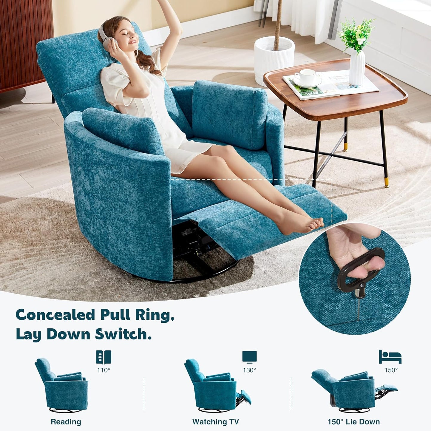 Recliner 360°Swivel Glider Rocking Chair Nursery Multifunction Living Room Bedroom Adult Rocking Chair with 2 Pillows(Blue, Manual Operation)