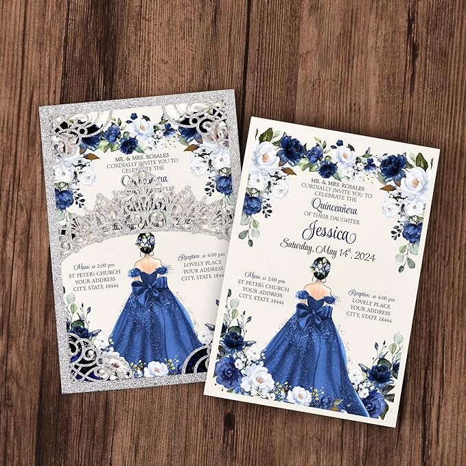 50Pcs Navy Blue Crown Invitations for Quinceanera, 15 year, Sweet 16, Miss XV, Birthday Laser Cut Quince Invitation Cards Personalized Glitter Silver