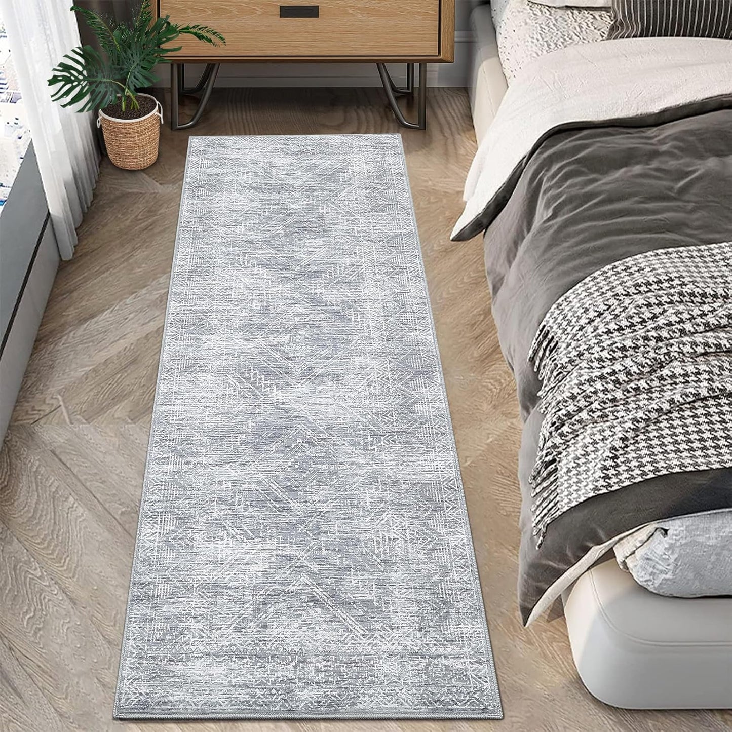 COZYLOOM 2x8 Runner Rug for Living Room, Kitchen Modern Washable Distressed Accent Carpet with Non-Slip Backing, Ultra-Soft Contemporary Geometric Floor Mat, Bedroom, Grey