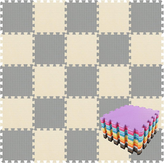 qqpp EVA Rubber 18 Tiles Interlocking Puzzle Foam Floor Mats - Baby Play Mat for Playing | Exercise Mat for Home Workout. Beige, Gray. QC-JLb18N