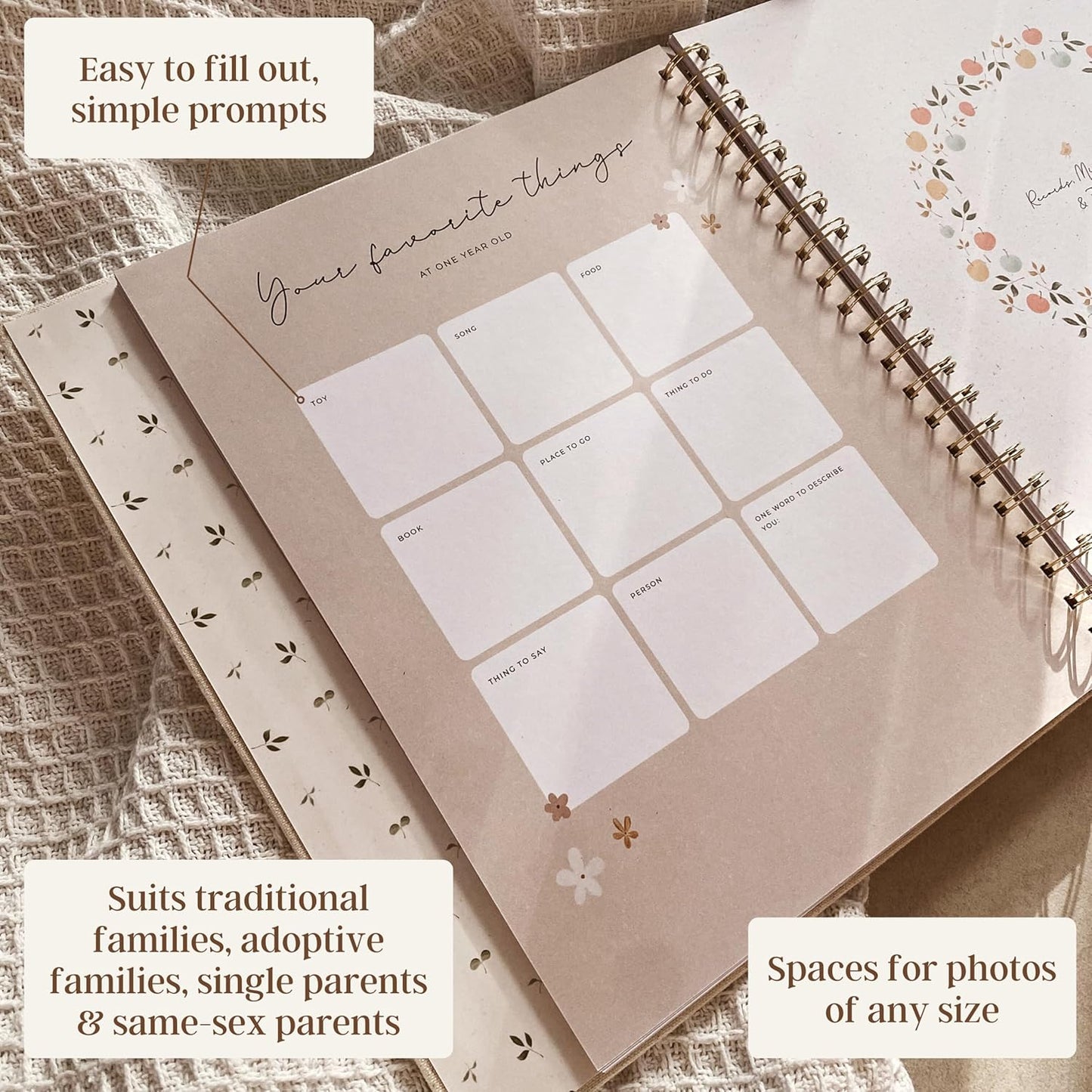 Peachly Baby Memory Book | Baby Book First Year Baby Book Keepsake for Milestones | Simple Cute Baby Scrapbook | Baby Books for Girl | Natural Linen - Clementine