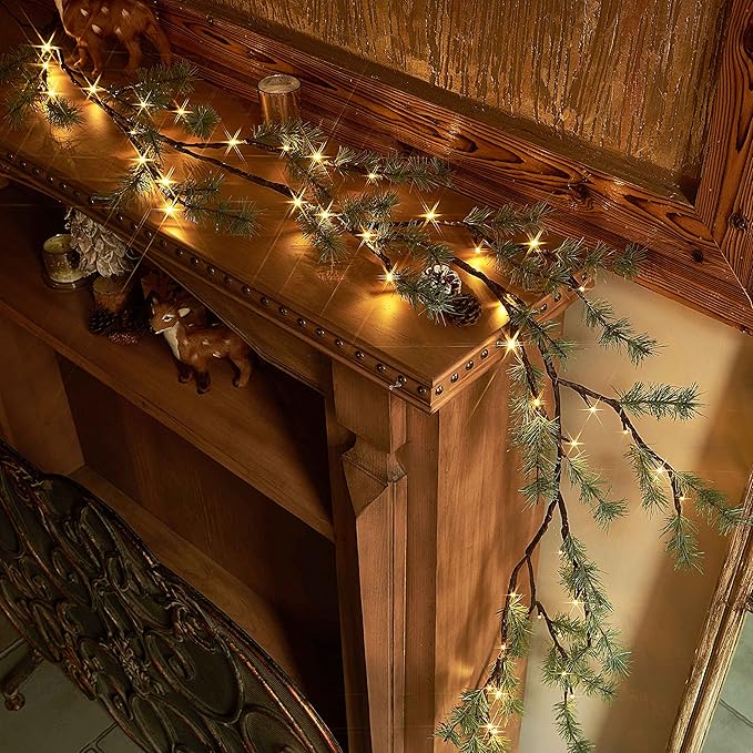 Hairui Lighted Pine Garland Battery Operated with Timer 6FT 48 Lights, Christmas Garland with Lights for Indoor Outdoor Home Holiday Decoration