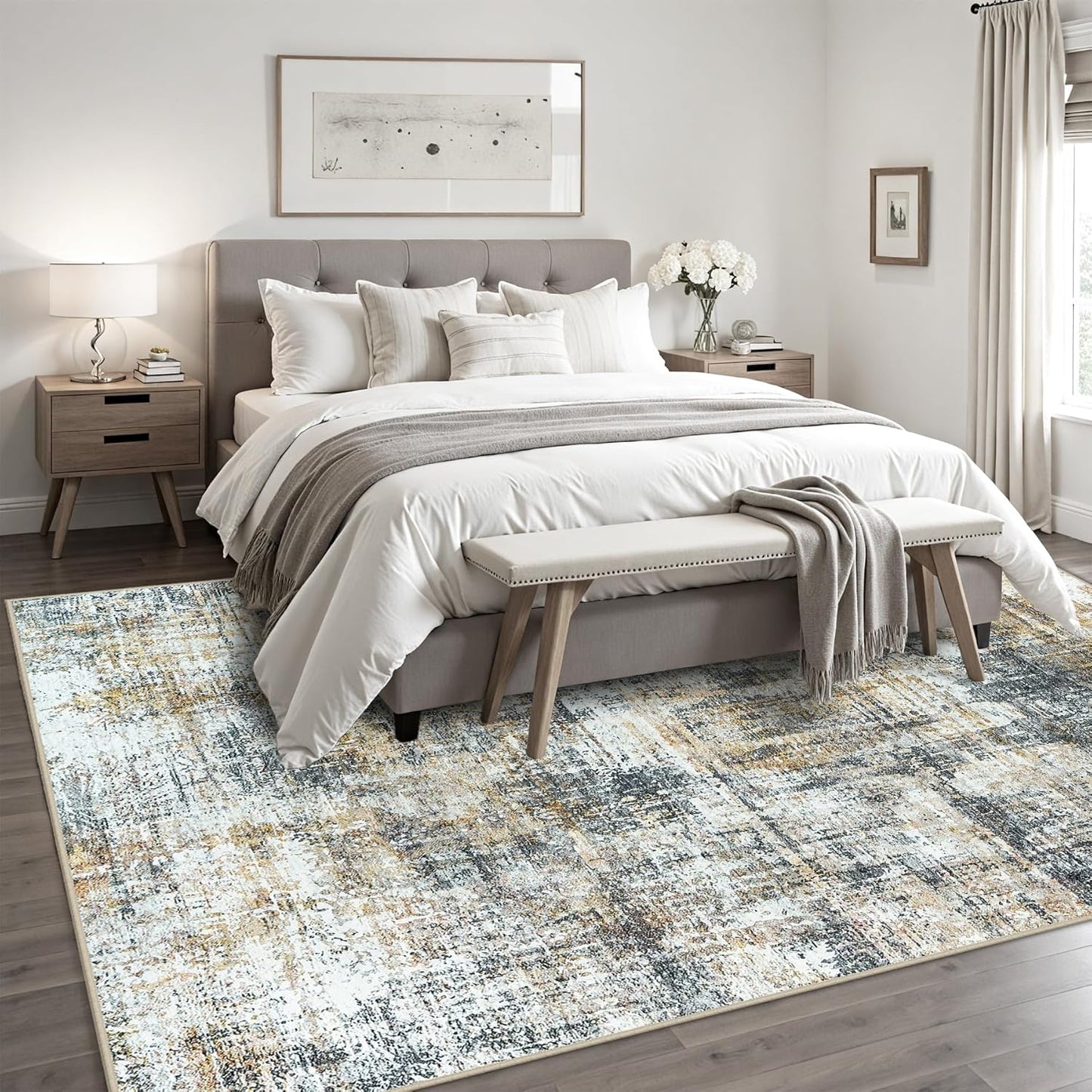 Area Rug 9x12 Washable Rugs: Abstract Large Living Room Rugs with Non-Slip Backing, Stain Resistant Indoor Floor Carpet for Bedroom Dining Room Table Nursery Hallway Home Office Brown/Gray