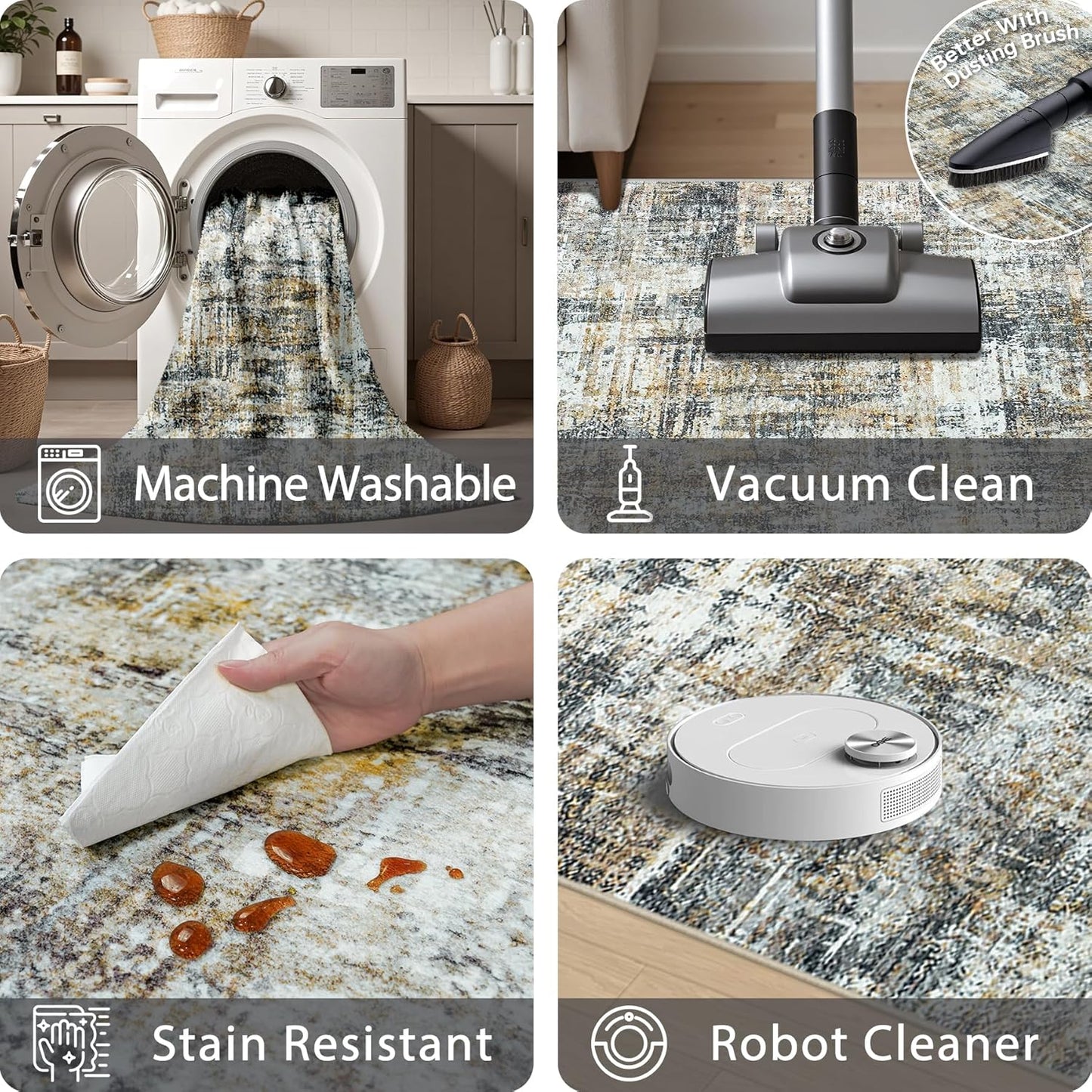 Area Rug 9x12 Washable Rugs: Abstract Large Living Room Rugs with Non-Slip Backing, Stain Resistant Indoor Floor Carpet for Bedroom Dining Room Table Nursery Hallway Home Office Brown/Gray