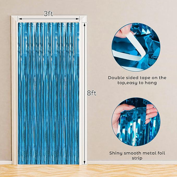 BTSD-home Aquamarine Foil Fringe Curtain, Metallic Photo Booth Backdrop Tinsel Door Curtains for Wedding Birthday Bridal Shower Baby Shower Bachelorette Christmas Party Decorations(4 Pack, 8ft x 3ft)