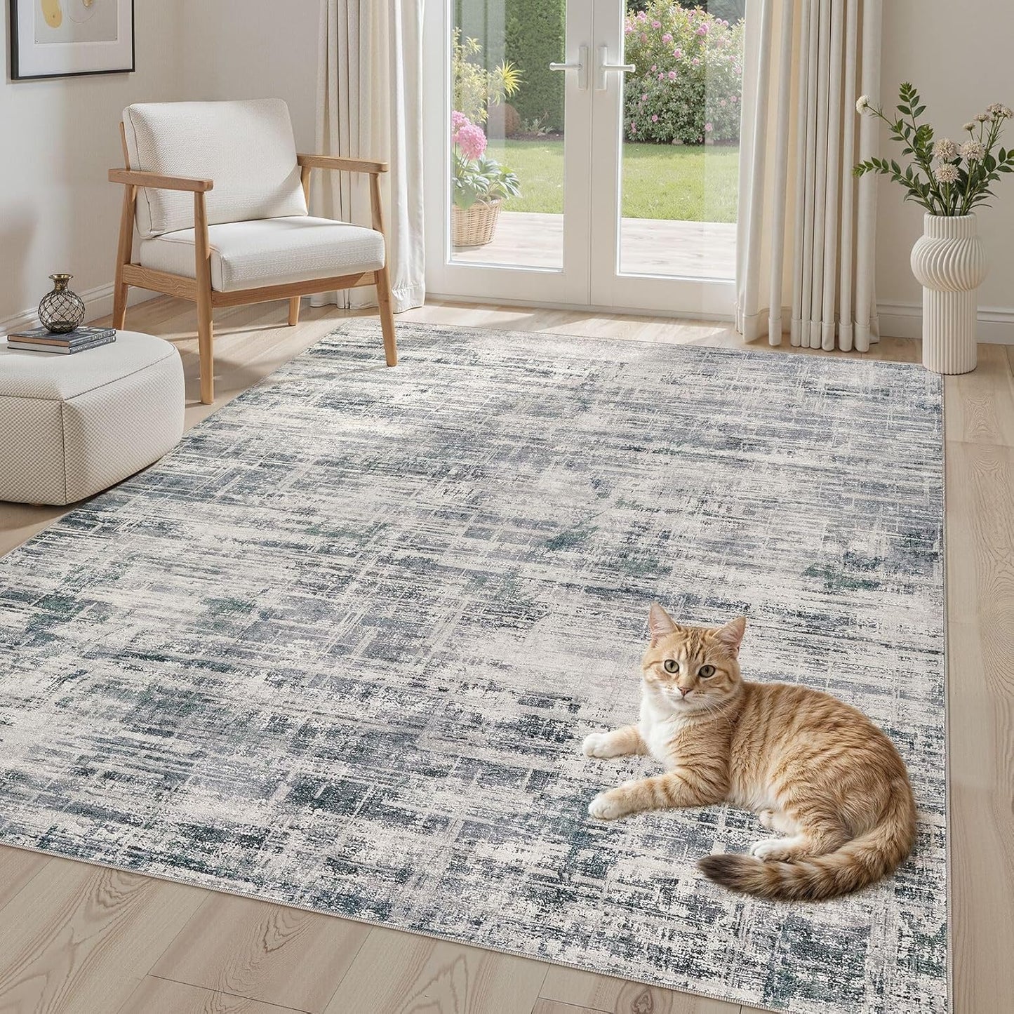 Area Rug for Living Room: 6x9 Washable Neutral Abstract Modern Soft Rugs Non Slip Indoor Floor Stain Resistant Large Carpet for Bedroom Dining Room Office Nursery - Gray