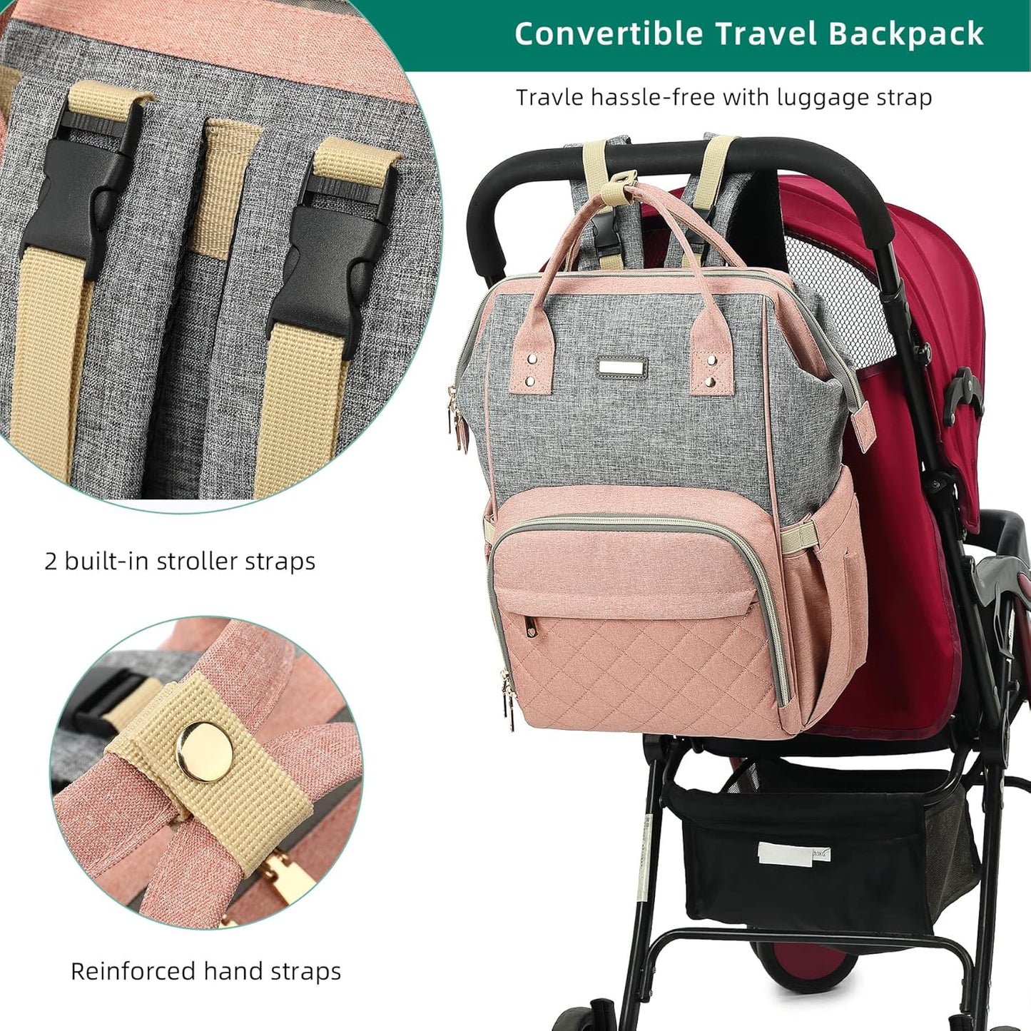 Diaper Bag Backpack, Diaper Bags for Baby Girls Boys, Baby Bags for Moms Dads, Nappy Changing Bag with Insulated Pockets,Multi-functional Waterproof Backpack with Stroller straps-Pink