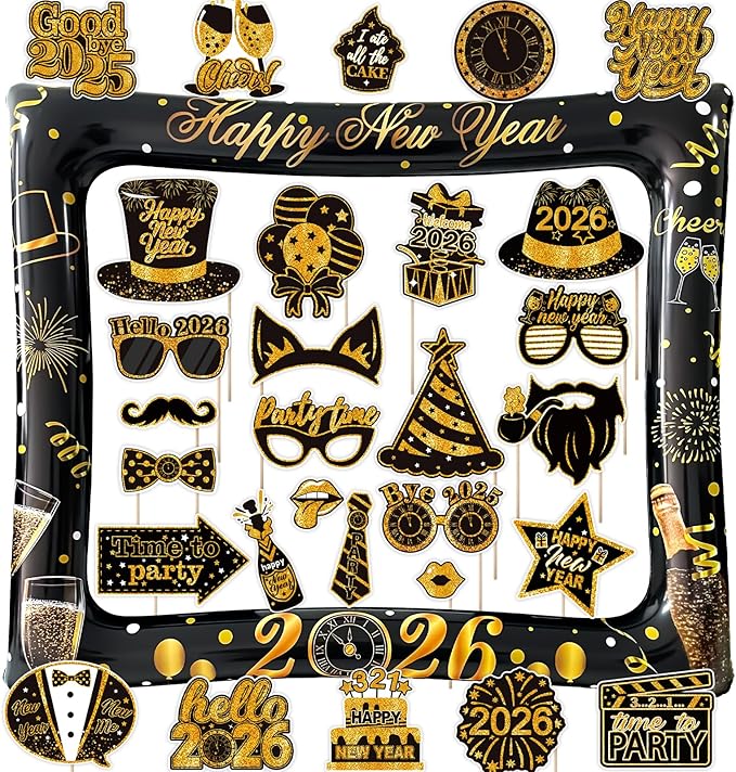 2026 New Year Photo Booth Inflatable Frame Kit, 30Pcs New Years Photo Booth Props with Inflatable Picture Frame Black Gold Decorations for New Year Eve Party Selfie Props Supplies