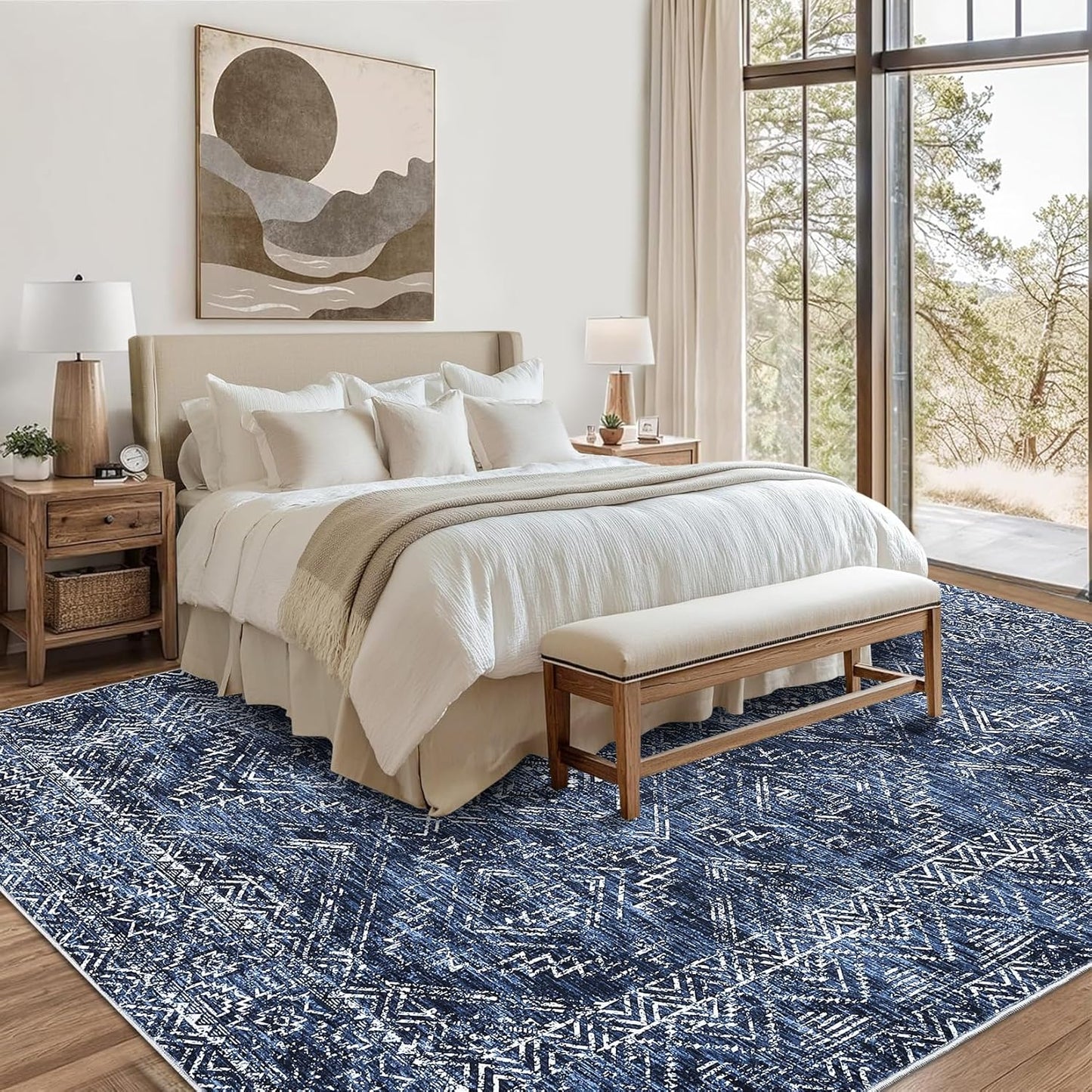 COZYLOOM Washable Area Rugs 10x13 Vintage Non Slip Low Pile Rug Soft Throw Floor Cover Geometric Tribal Foldable Indoor Carpet for Living Room Bedroom Playroom Nursery, Blue