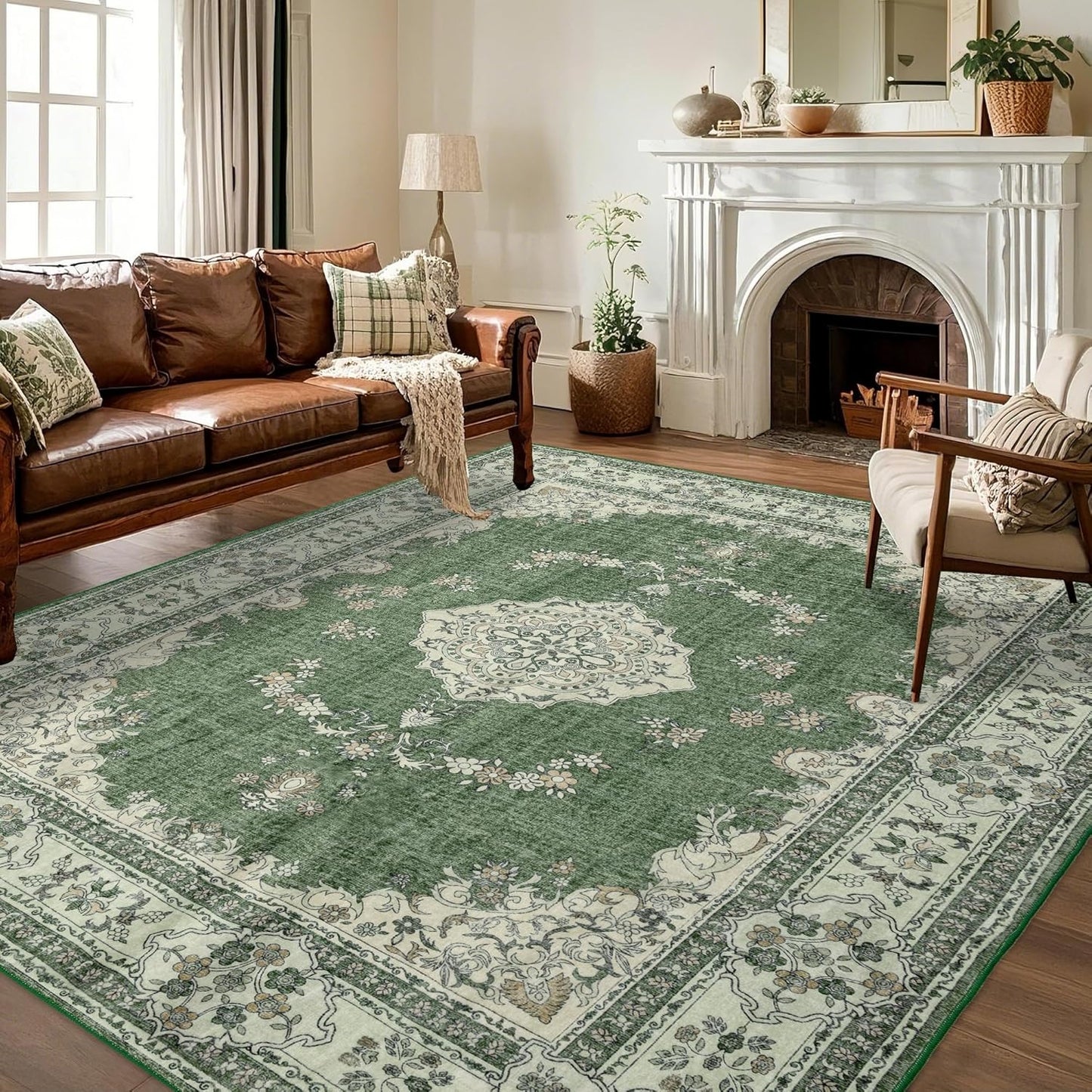 9x12 Area Rug Washable: Oriental Soft Area Rug for Living Room Bedroom No Shedding - Low Pile Thin Carpet Rug for Dining Room Non Slip - Boho Vintage Rug for Home Decor - Olive Green