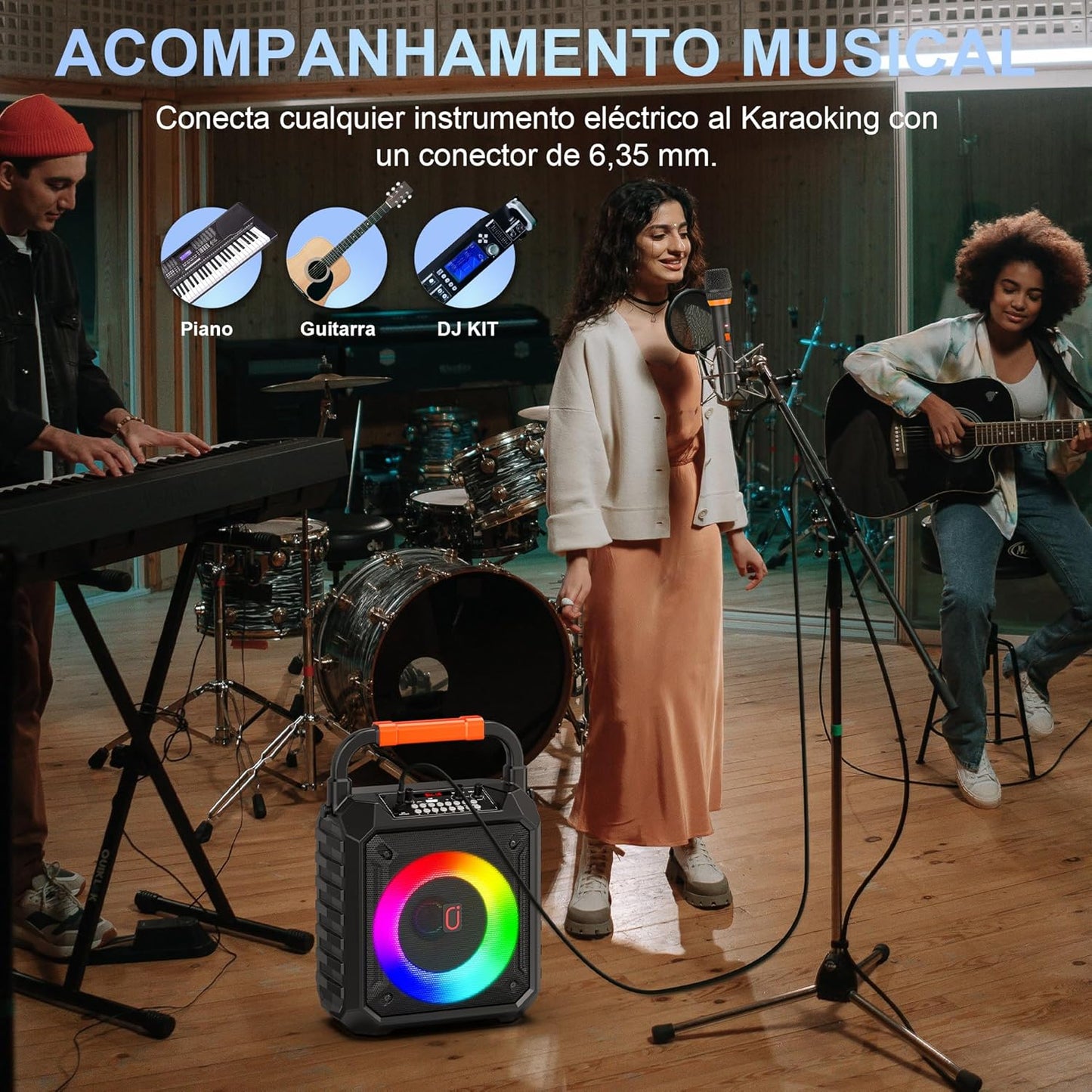 JYX Karaoke Machine with Two Wireless Microphones, Portable Speaker with LED Lights for Kids and Adults, Supports Bluetooth/USB/TF/AUX for Party