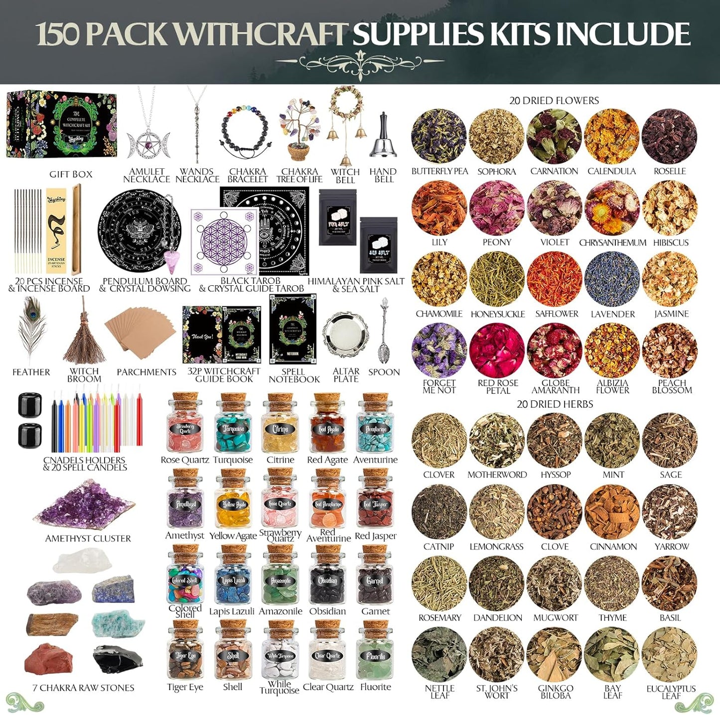 Witchcraft Supplies Kit, 150Pack Wiccan Supplies and Tools Witchy Gifts for Beginners, Dried Herbs, Crystals, Candles, Green Witch Altar Starter Spell