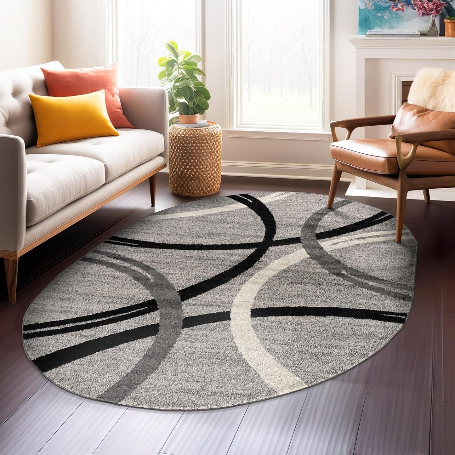 Rugshop Modern Wavy Circles Design Oval Area Rug 5' x 7' Gray