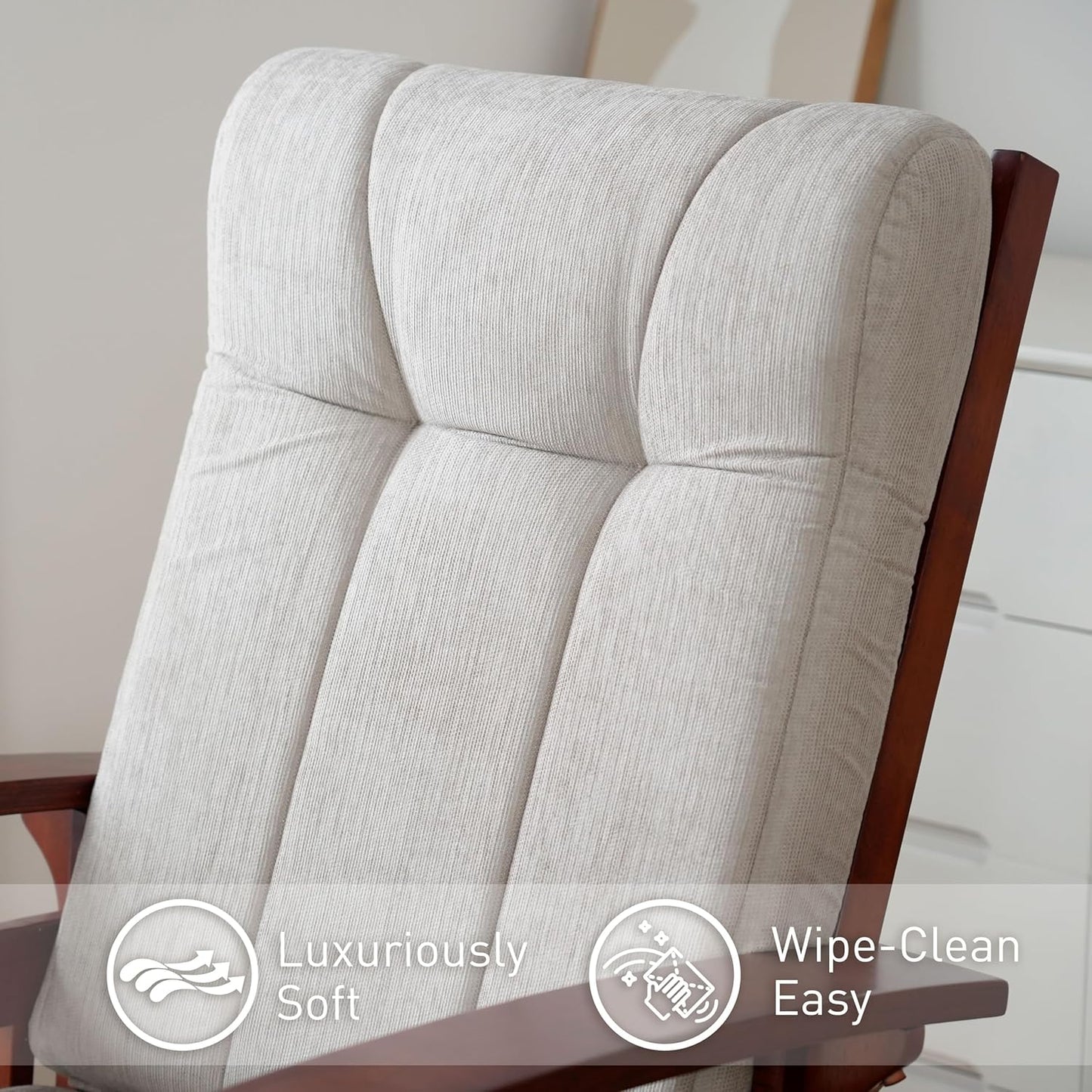 Glider Rocking Chair Nursery with Ottoman Smooth Rocking Motion, Easy to Assemble, Solid Hardwood Base Indoor Adult (White)